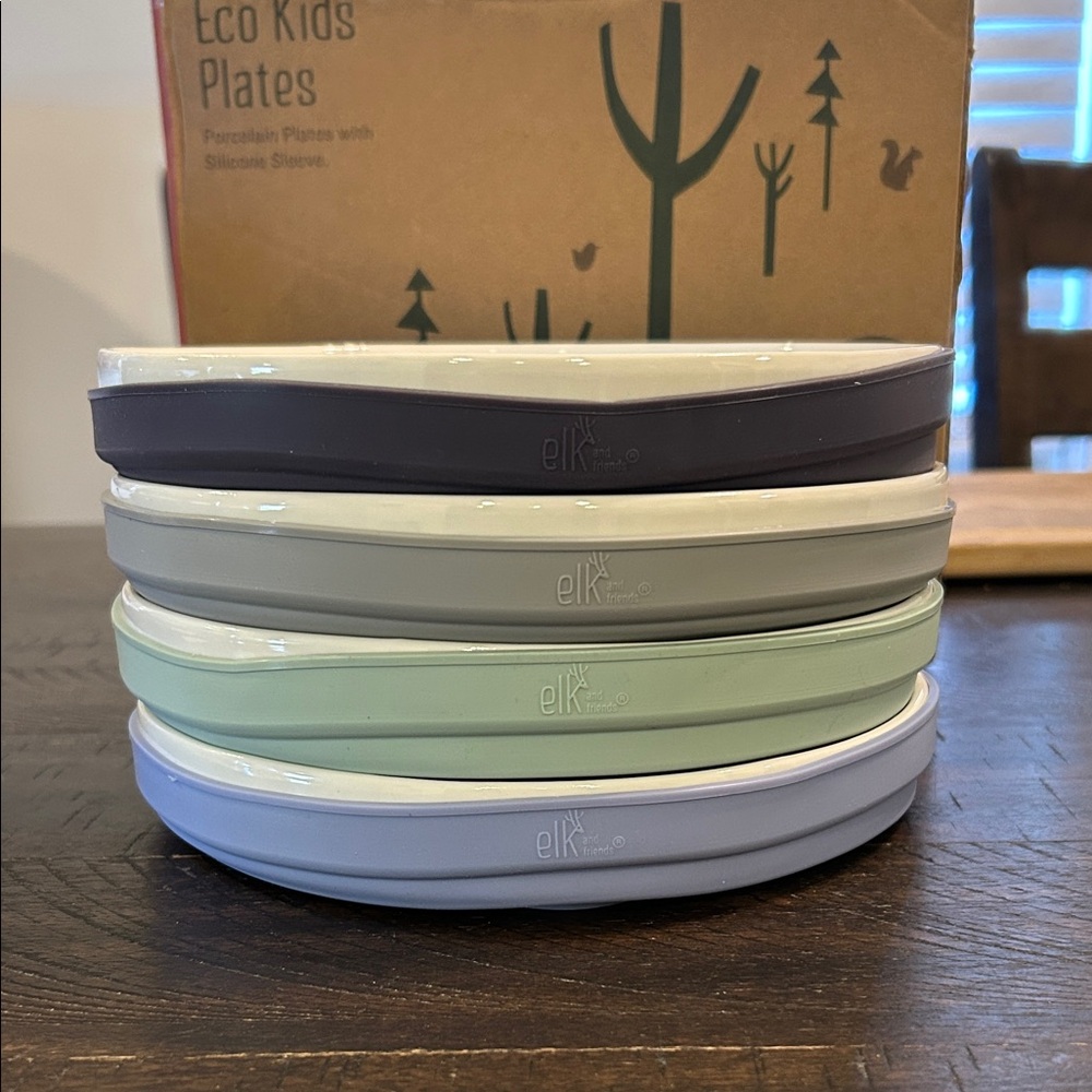 Elk and Friends Plate Set - Purple, Gray, Green, Blue. Suction NIB